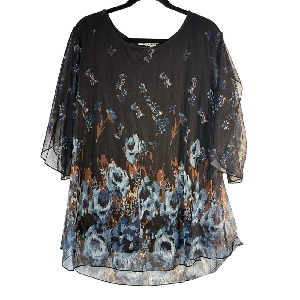 Sese Code Floral Mesh Overlay Tunic Blouse Boho Sheer Flutter Sleeve Top 3XL